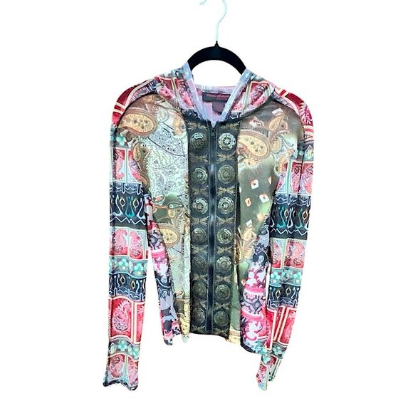 Pings Imports Pleats Collection Multicolor Sheer Y2K Zip Up Hooded Shirt Size S - Picture 11 of 11